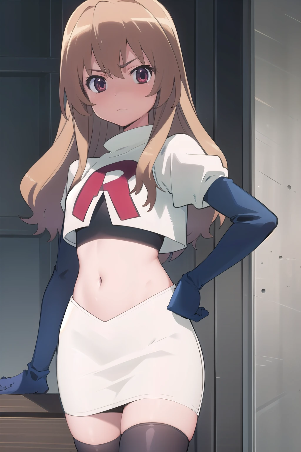 solo, 1girl, looking at viewer, 2D, anime, anime coloring, team rocket,team rocket uniform,white skirt,red letter R,crop top,black thigh-highs,black elbow gloves, taiga aisaka, oohashi, 