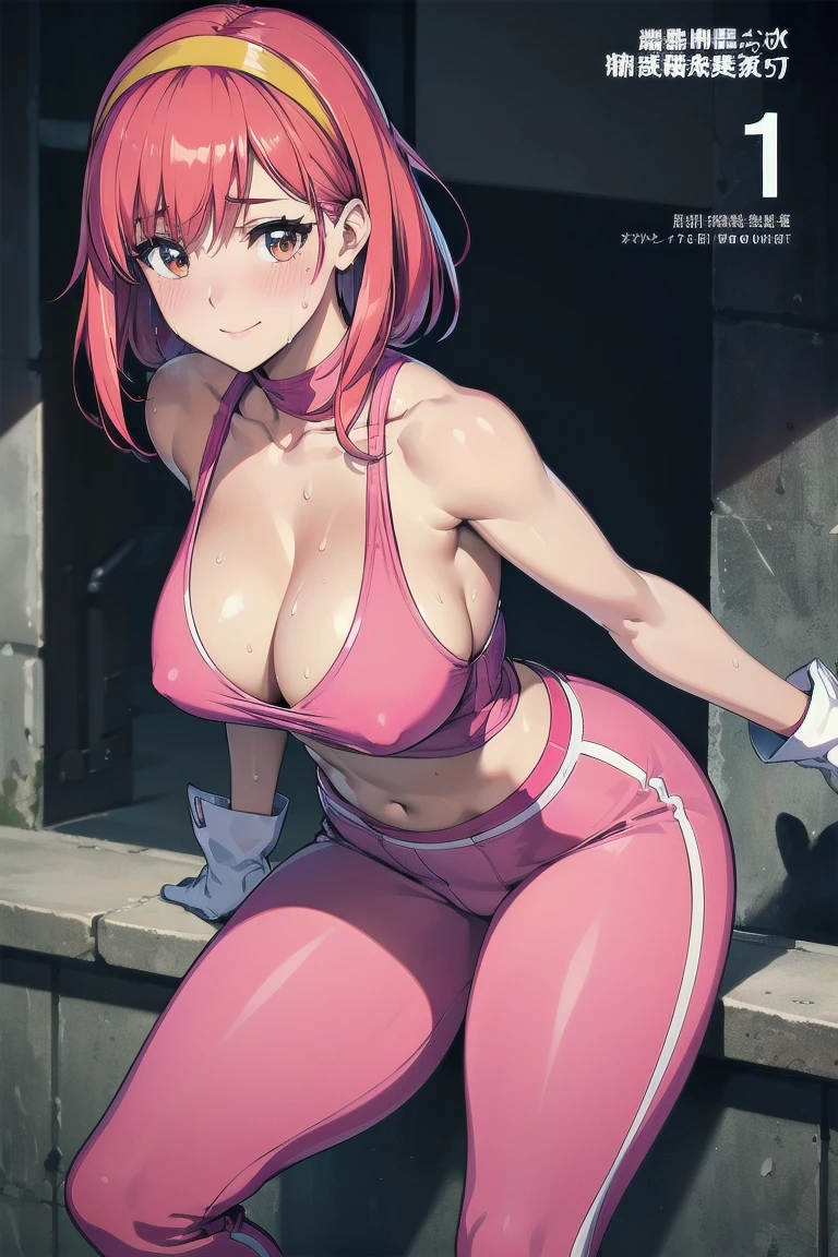 (( highest quality, High resolution, Hmph, Perfect Pixel, 4K, Hmph, Hmph))), 1 girl, single, alone, Beautiful woman、I could see the whole body、 ((Mid-wave hair, bangs, Redhead、Yellow headband、)), ((Brown eyes, Beautiful eyelashes, Realistic eyes)), ((Detailed face, blush:1.2)), ((Smooth texture:0.75, Realistic texture:0.65, Realistic:1.1, Anime CG Style)),Embarrassed face、 Big Breasts、((((Sweaty all over)))), Dynamic Angle, Perfect body,Leaning forward significantly、(Exposing your buttocks.、Spread your legs、cover your chest with your hands),(Pink Ranger), (alone) (Blue jumpsuit), (Minkit), Pink Darth, Under the belt, White gloves with pink diamond design, (Pink diamond design white boots), (18-year-old), Smile at the audience,(Dark Secret Base:1.2), colorful, thin waist and thick hips, Wear tight-fitting clothing, Fits your beautiful body, White skin, , Big Breastsが垂れる, Crazy Expansion, Larger than the shoulder blade, Hourglass illustration, The pelvis is Larger than the shoulder blades, thick, Fitness Model, Red cheeks, breathe, Sweaty, Soaking wet, Laughter、((advertisement))、Tentacles entangled