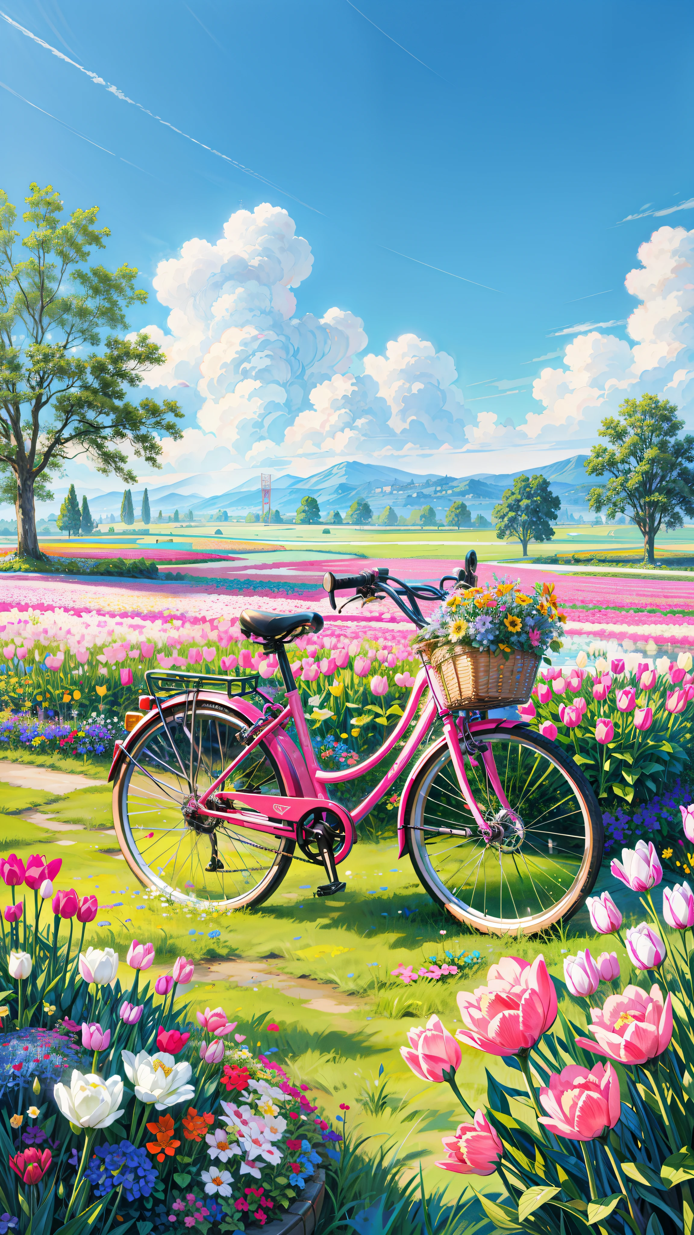 painting of a flowers field with a pink bicycle with a basket full of flowers, roses and tulips, cute style garden, tulips, beautiful garden, bicycle, beautiful flowers, dutch style, bicycle in background, blue sky, scenery, spring theme, lo-fi, lofi art style, made of flowers, lush flowery outdoors, the platonic ideal of flowers, cottagecore flower garden, whimsical and cute, flowers everywhere, spring time, flower garden, 4k professional painting, game, detailed key anime art, illustation, a beautiful artwork illustration, beautiful digital painting, highly detailed digital painting, beautiful digital artwork, detailed painting 4 k, very detailed digital painting, rich picturesque colors, gorgeous digital painting