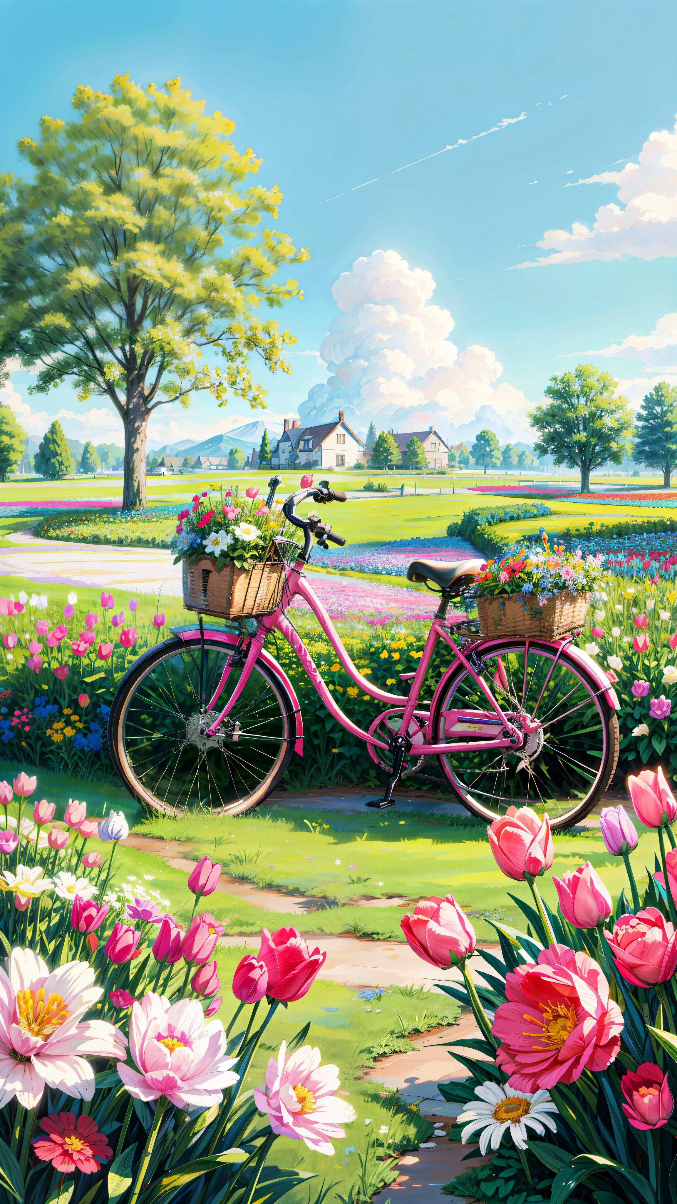 painting of a flowers field with a pink bicycle with a basket full of flowers, roses and tulips, cute style garden, tulips, beautiful garden, bicycle, beautiful flowers, dutch style, bicycle in background, blue sky, scenery, spring theme, lo-fi, lofi art style, made of flowers, lush flowery outdoors, the platonic ideal of flowers, cottagecore flower garden, whimsical and cute, flowers everywhere, spring time, flower garden, 4k professional painting, game, detailed key anime art, illustation, a beautiful artwork illustration, beautiful digital painting, highly detailed digital painting, beautiful digital artwork, detailed painting 4 k, very detailed digital painting, rich picturesque colors, gorgeous digital painting
