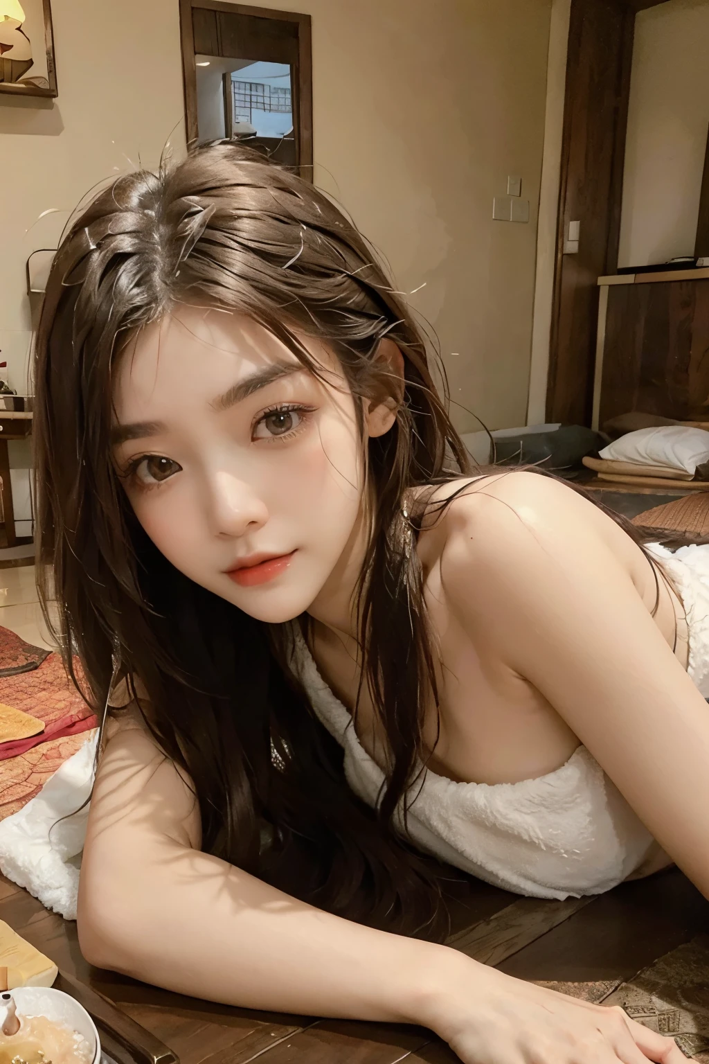 ((best quality)), ((masterpiece)), (detailed), perfect face,Girl lying down in Thai massage parlor, korean beauty, Cover your body with a large towel, (Overhead shot), thai massage,