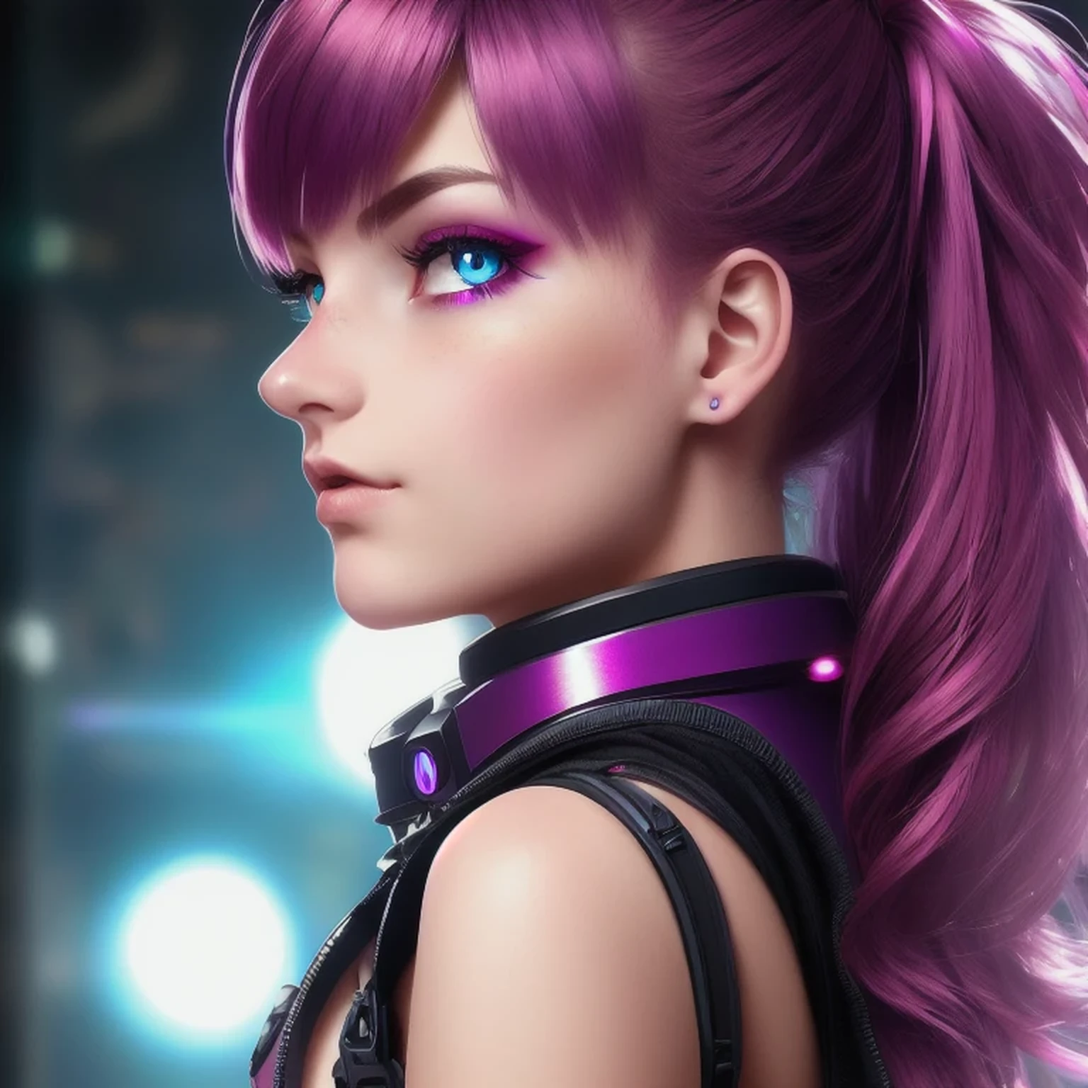 photo of a college student, Purple-Pink Gradient, futuristic space suit, (Color tattoo:0.8) cute face, sci-fi, dystopian, detailed eyes, Heterochromia eyes（（Side view））Back Room，Breething burgundy hair