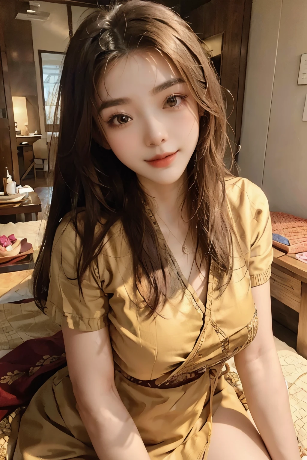 ((best quality)), ((masterpiece)), (detailed), perfect face,Girl lying down in Thai massage parlor, korean beauty, Cover your body with a large towel, (Overhead shot), thai massage,