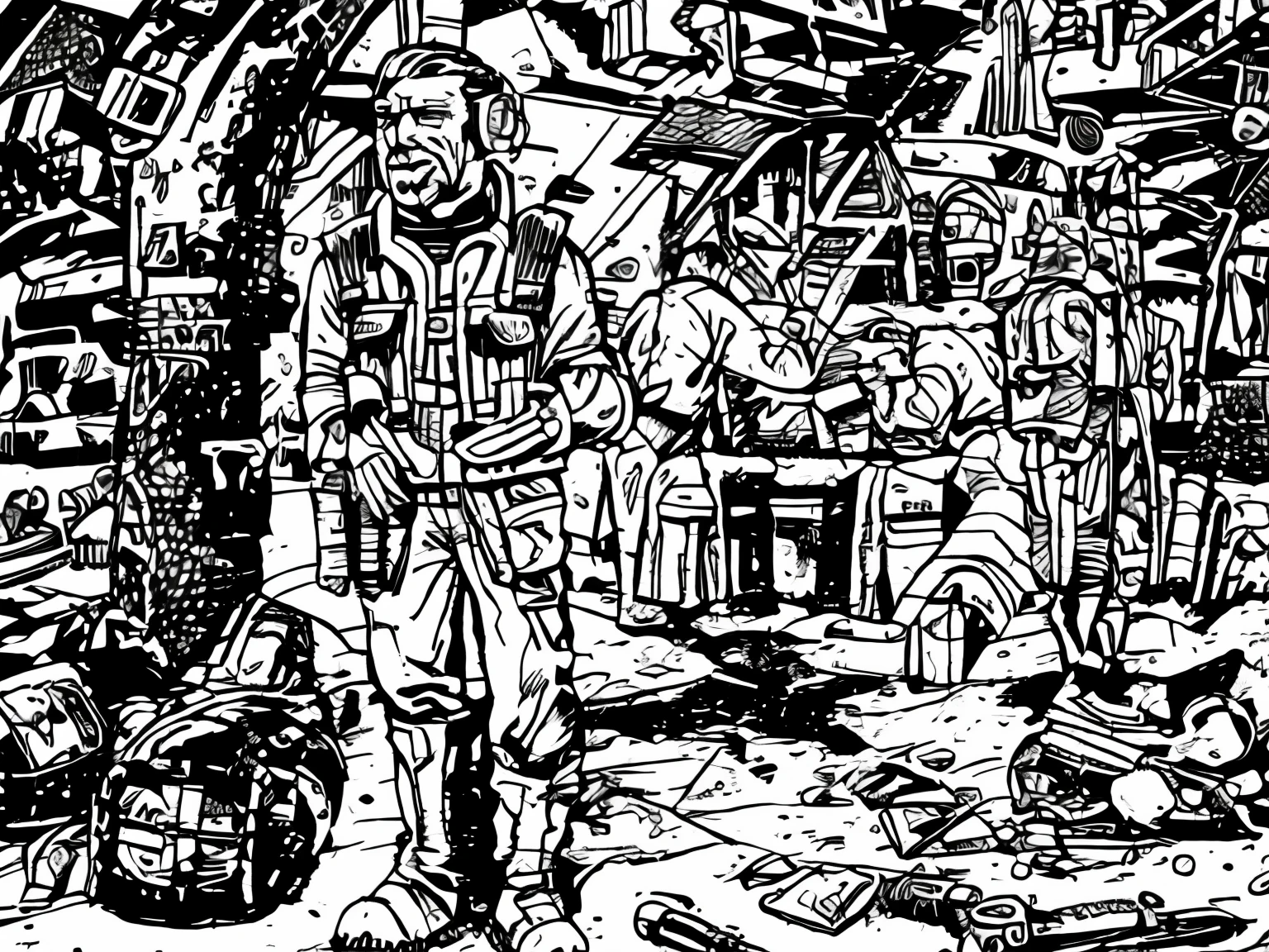 ((1 man, grey scale)), ballistic vest, sci-fi, pistol, tools, weapons, suit, speaking, holding a helmet, dark skin