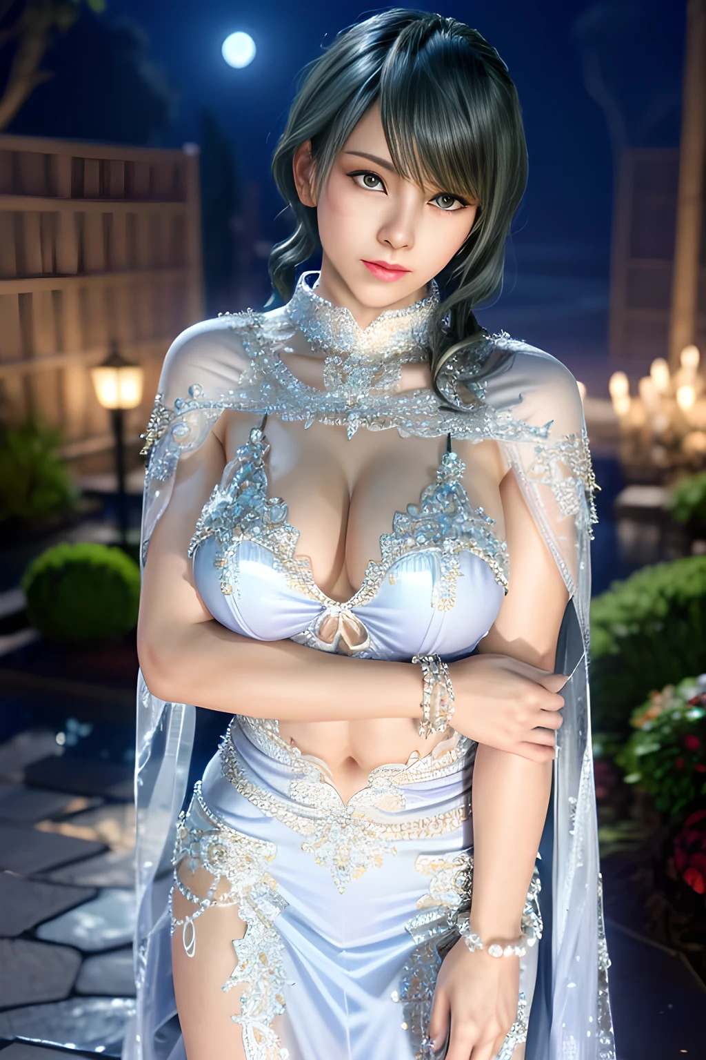 1 girl,lean over WINK,((Wearing Ice-crystal embellished dress:1.5),(Wearing Jewel:1.2) ,( lace_cloak:1.3),(Fluffs :1.4),(pearl bodychain:1.3),garden,nighttime,moon,( huge breasts ),cleavage,shiny skin,lip gloss,tattoos, masterpiece, best quality, realistic ,Surrealism,Rich artistic colors,natural colors art in 8k,3D,Portrait art,solo, tamaki