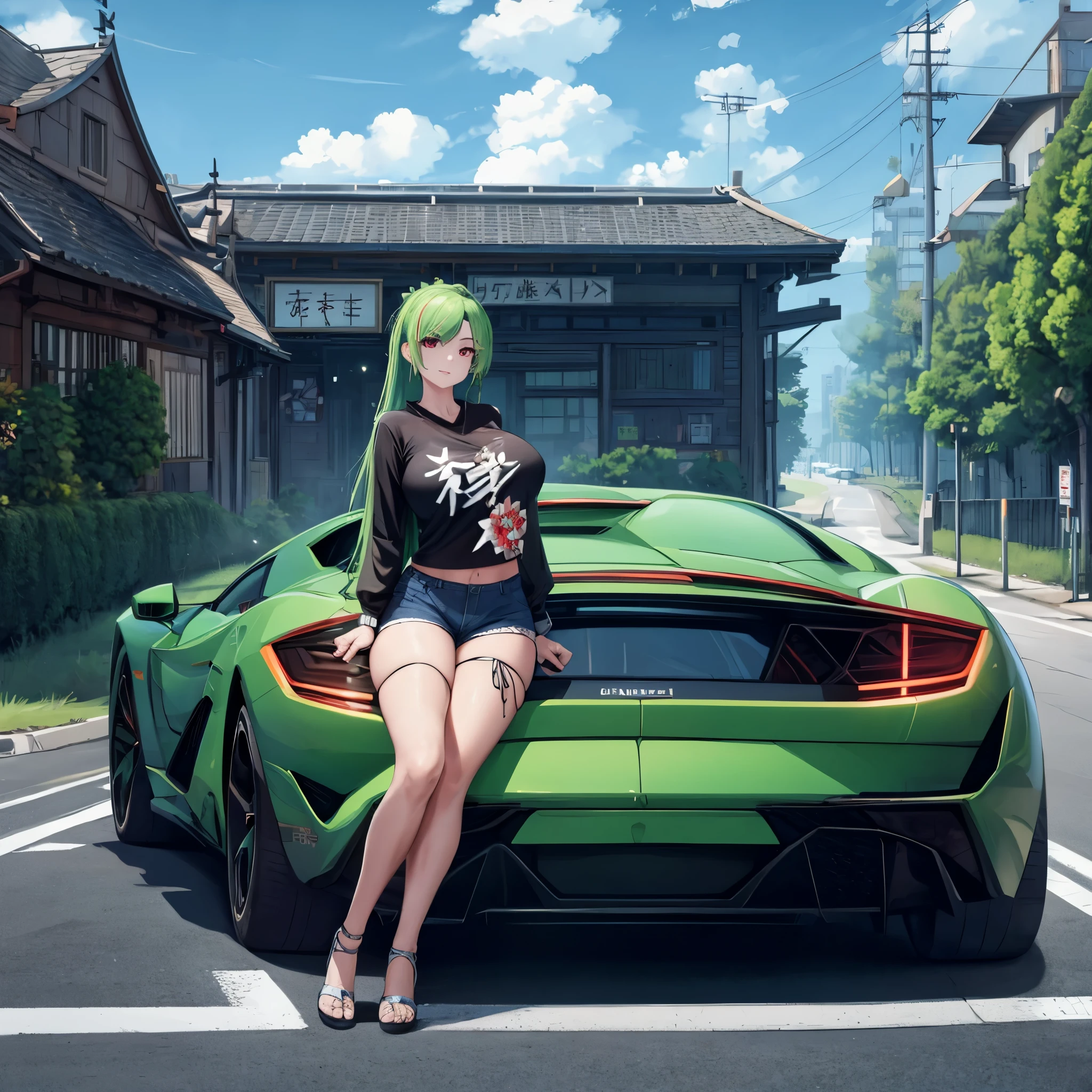 A woman wearing a green shirt with kanji written on the shirt, black denim shorts, black tights, long green hair, red eyes, standing next to a green Lamborghini (no stickers on the car), perfect car, no duplication of car, on an empty road, overlooking the blue sky with clouds, big breasts, surrealism, drop shadow, anaglyph, stereogram, tachi-e, pov, atmospheric perspective, surrealism, flower, 8k, super detail, accurate, best quality, UHD , anatomically correct, textured skin, high quality, high resolution, best quality (solo female)