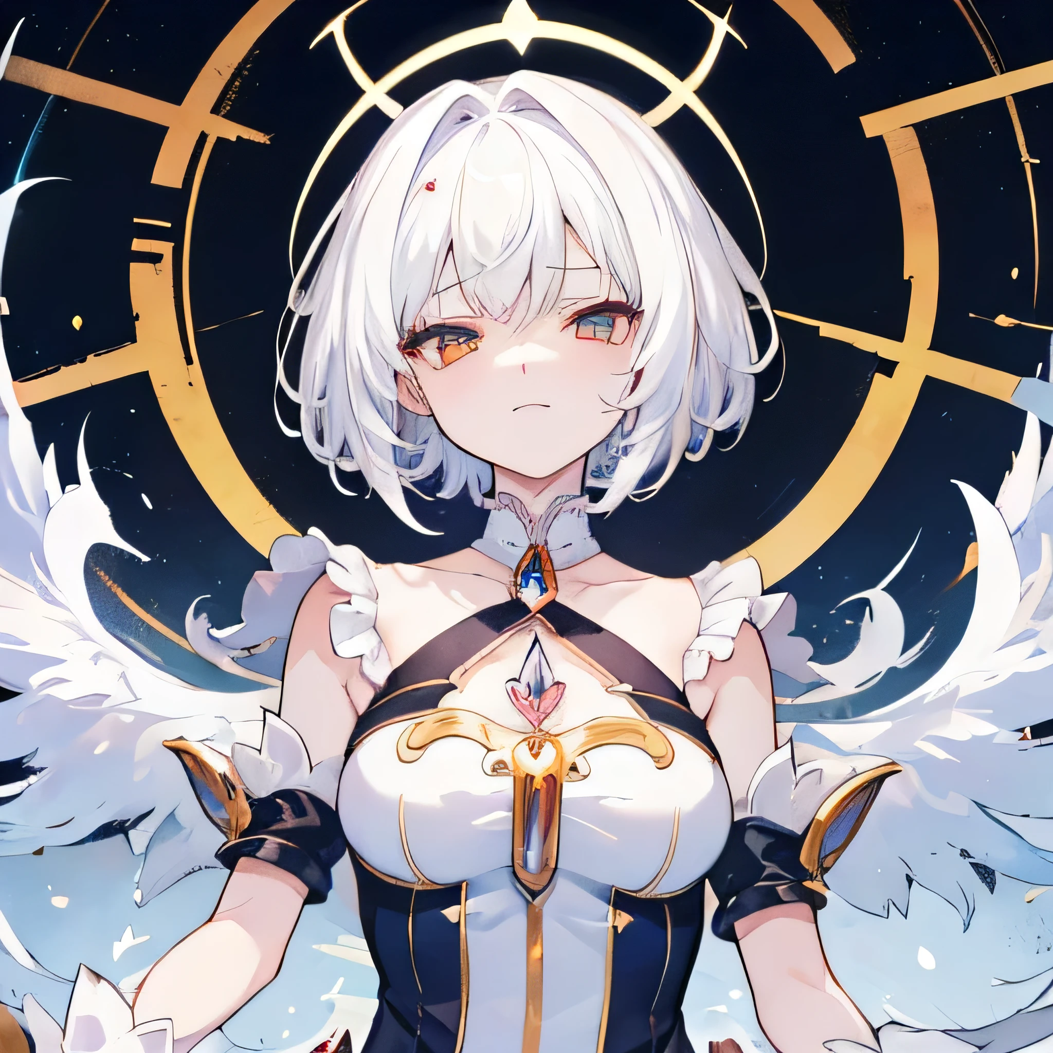 long hair, white hair, golden eyes, 1girl, head, face, magical girl, absurdres, masterpiece, best quality, magical girl costume, ((mahou shoujo)), short hair, desolation, ruins, dynamic pose, apocalypse, spellcasting, emitting a laughing, condescending, dismissive expression