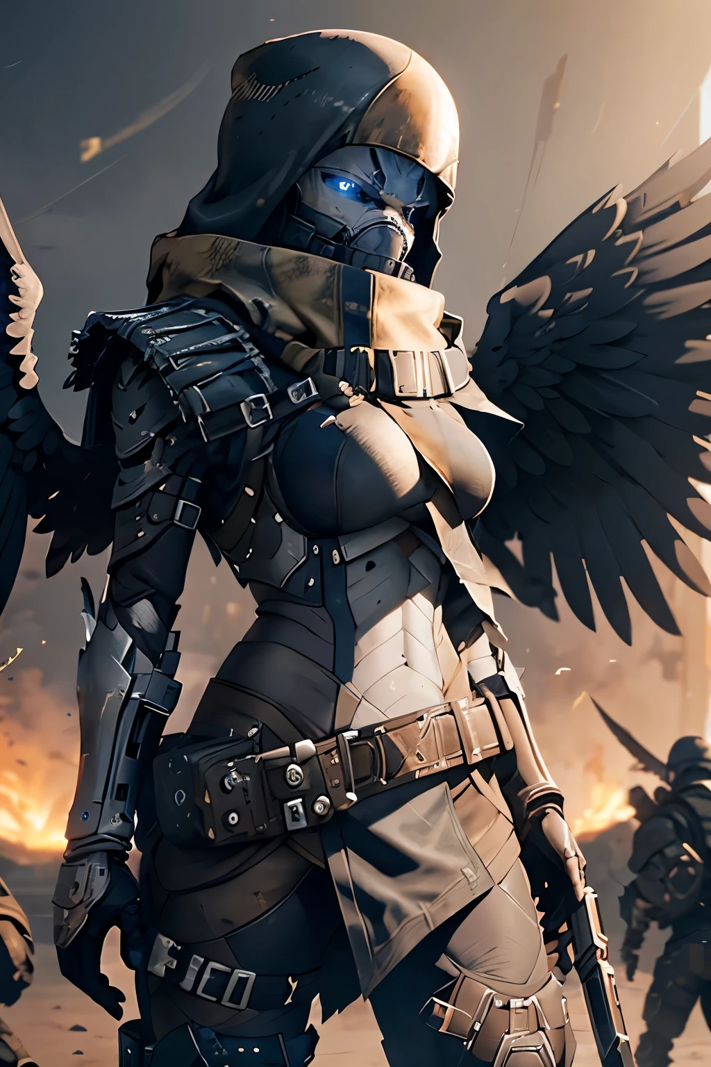 Male angel knight with divine aura wearing military boss clothes and hat, and holding a weapon, face hidden behind a gas mask, eagle wings (((2 wings))), battlefield and squad scenario, dinamic pose, view from below