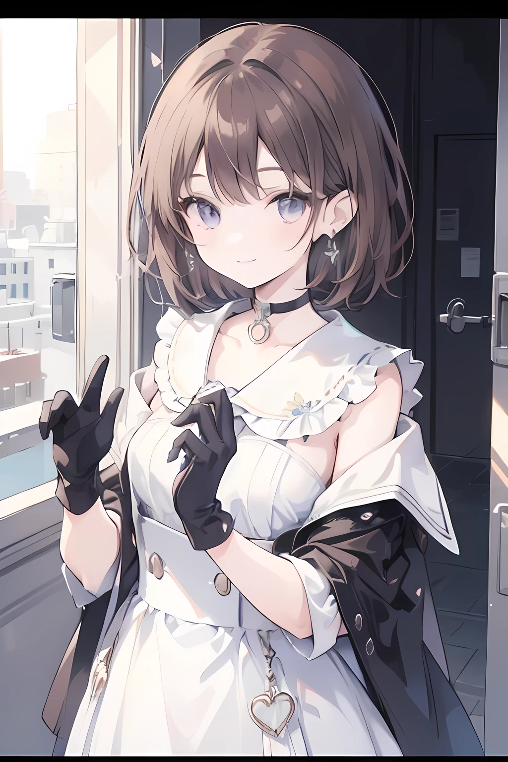 1girl, anime_coloring, black_eyes, black_gloves, brown_hair, choker, earrings, gloves, jewelry, letterboxed, parody, short_hair, smile, solo, style_parody,