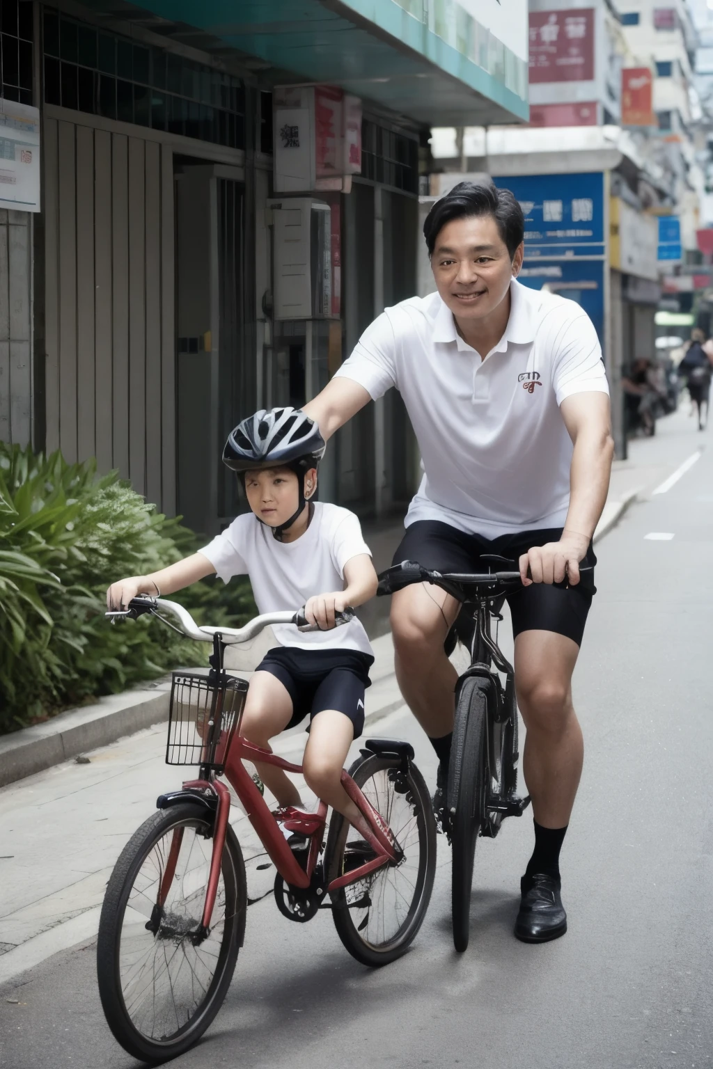 Father and son riding bicycles together in Hong Kong