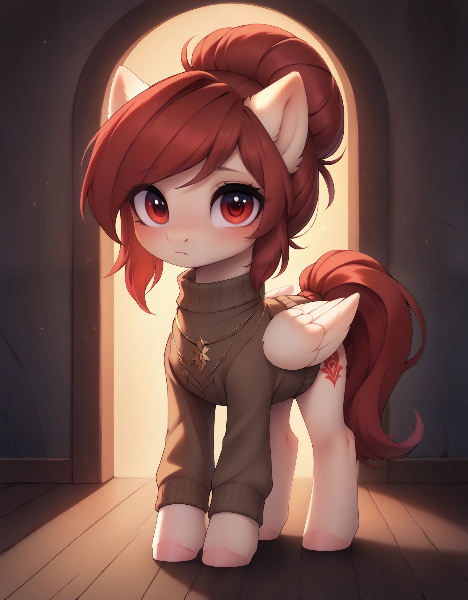 (high quality, detailed, beautiful), score_9, score_8_up, score_7_up, score_6_up, feral pony, white fur, red hairbun, short tail, bun tail, filly pony, female pony, 1 girl, pegasus, shy, short legs, cute, looking at viewer, standing, white and brown sweater, ruby eyes