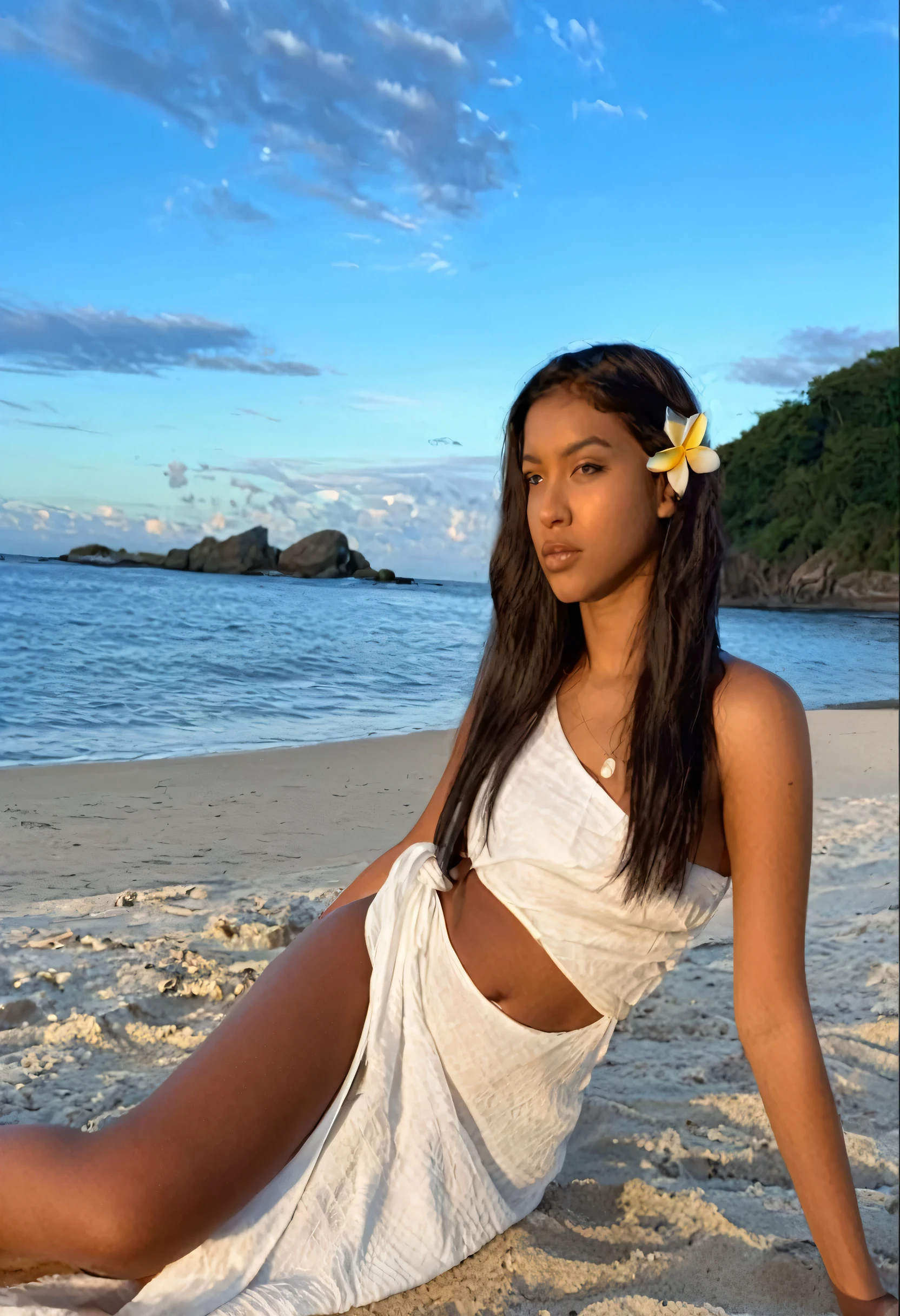 (maravilhoso,nigeriano),bela,rosto bonito,Olhos grandes,Doux sourire,by the sea,ondulado,pele macia,Fivelas nas pontas,vestido da moda,parecendo uma beleza divina, em um local tranquilo e ensolarado,Jardim de flores,Coloring,with stone veins,Marfim e ouro,The murmur of the waterfall,luz dourada,An endless summer
