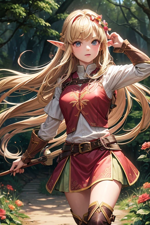 15 year old elf woman with long blonde hair, long messy hairstyle with fringes, pointed elf ears, medieval archer clothing with brown eyes holding a bow with red gems, pink flower decorations, brown boots, brown leather belt, decorations of flowers in the forest background with magic symbols