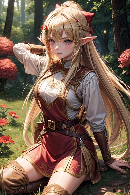 Elinalise, 1girl, solo, long_hair, elf ear, cleavage, adorable pose, perfect hands, perfect fingers, medium_breasts, white_skirt, brown_belt, red_legwear