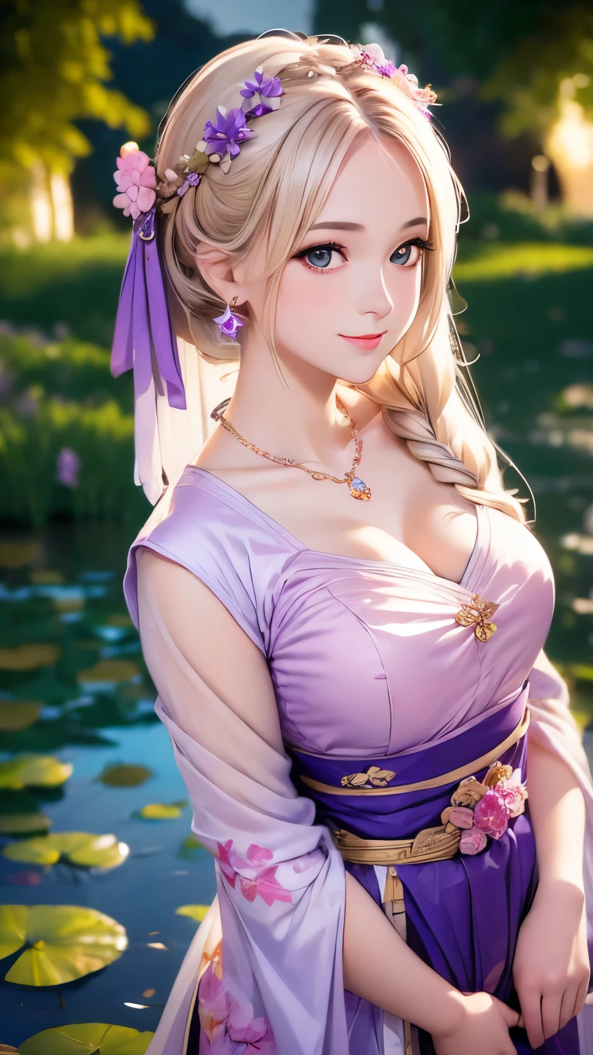 Superb Quality, Masterpiece, High Resolution, 1Girl, Blush, (Seductive Smile: 0.8), Star Pupil, Chinese Hanfu Lilac, Hair Accessories, Necklace, Jewelry, Beauty, on_body, Tyndall Effect, Realism, Lotus Pond, Light Edge, Two-tone Lighting, (High Detail Skin: 1.2), 8K UHD, DSLR, Soft Light, High Quality, Volume Lighting, Candid Photo, High Resolution, 4K, 8K, Background Bokeh