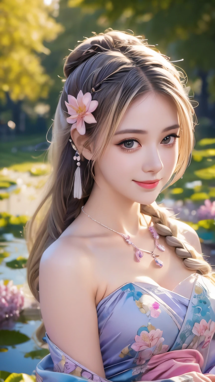 Superb Quality, Masterpiece, High Resolution, 1Girl, Blush, (Seductive Smile: 0.8), Star Pupil, Chinese Hanfu Lilac, Hair Accessories, Necklace, Jewelry, Beauty, on_body, Tyndall Effect, Realism, Lotus Pond, Light Edge, Two-tone Lighting, (High Detail Skin: 1.2), 8K UHD, DSLR, Soft Light, High Quality, Volume Lighting, Candid Photo, High Resolution, 4K, 8K, Background Bokeh