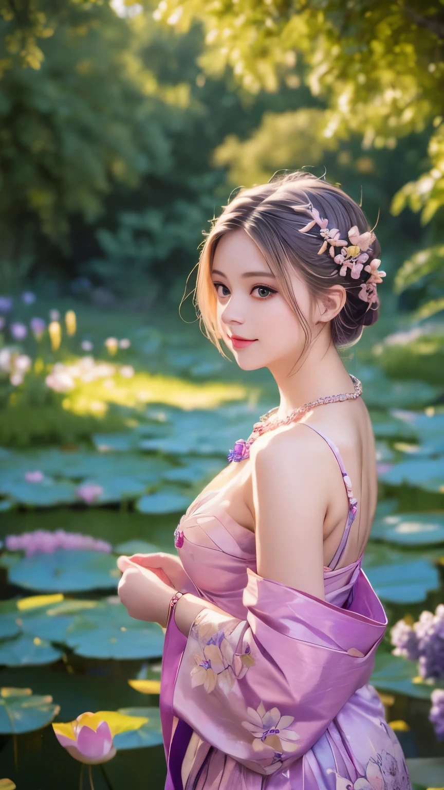 Superb Quality, Masterpiece, High Resolution, 1Girl, Blush, (Seductive Smile: 0.8), Star Pupil, Chinese Hanfu Lilac, Hair Accessories, Necklace, Jewelry, Beauty, on_body, Tyndall Effect, Realism, Lotus Pond, Light Edge, Two-tone Lighting, (High Detail Skin: 1.2), 8K UHD, DSLR, Soft Light, High Quality, Volume Lighting, Candid Photo, High Resolution, 4K, 8K, Background Bokeh