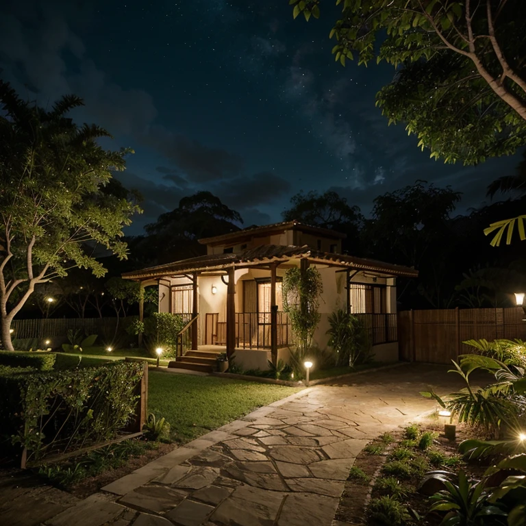 Casa finca de una sola planta, con amplios ventanales, paredes blancas y Marcos de madera color caramelo, surrounded by a jasmin fence at night and a beautiful garden, located in Carmen de víboral Antioquia.