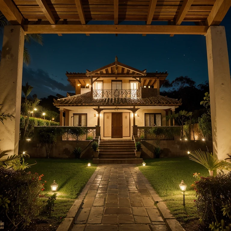 Casa finca de una sola planta, con amplios ventanales, paredes blancas y Marcos de madera color caramelo, surrounded by a jasmin fence at night and a beautiful garden, located in Carmen de víboral Antioquia.