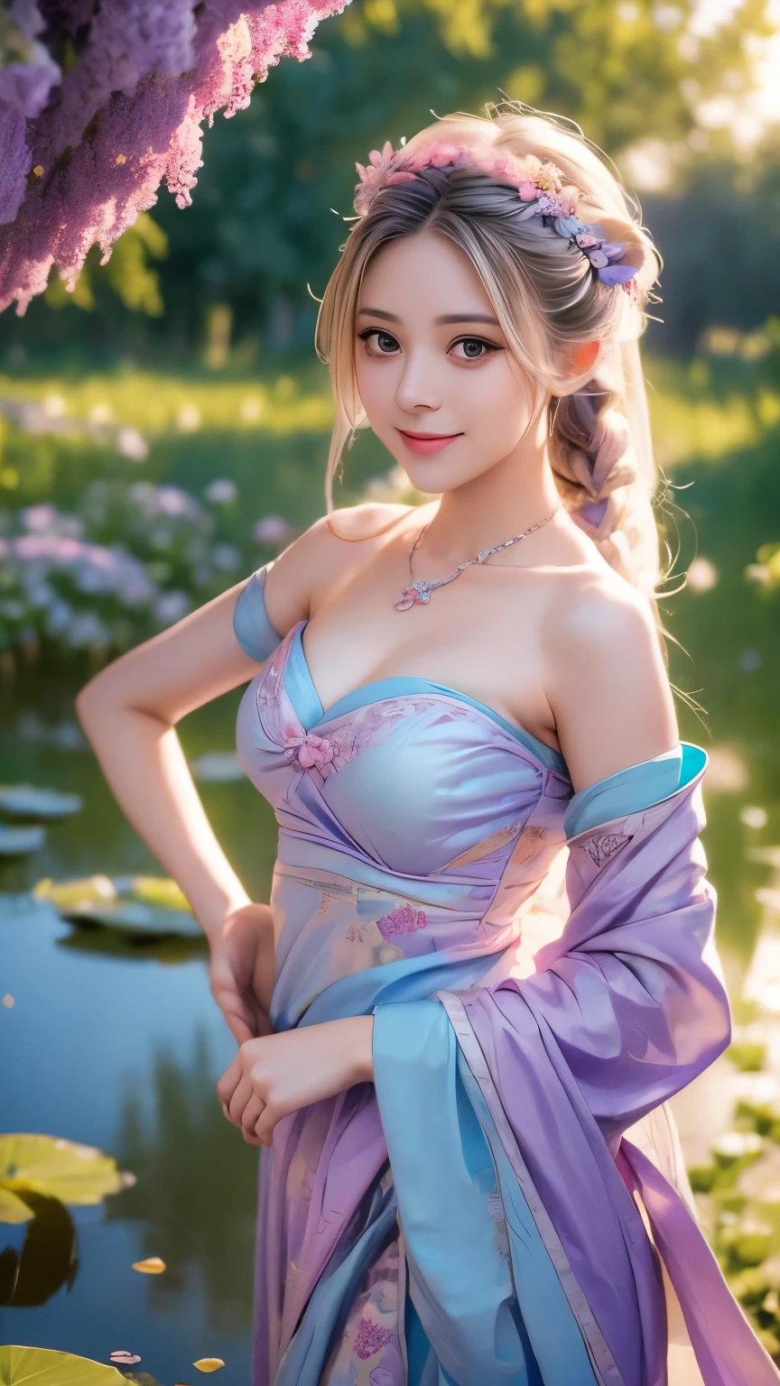 Superb Quality, Masterpiece, High Resolution, 1Girl, Blush, (Seductive Smile: 0.8), Star Pupil, Chinese Hanfu Lilac, Hair Accessories, Necklace, Jewelry, Beauty, on_body, Tyndall Effect, Realism, Lotus Pond, Light Edge, Two-tone Lighting, (High Detail Skin: 1.2), 8K UHD, DSLR, Soft Light, High Quality, Volume Lighting, Candid Photo, High Resolution, 4K, 8K, Background Bokeh