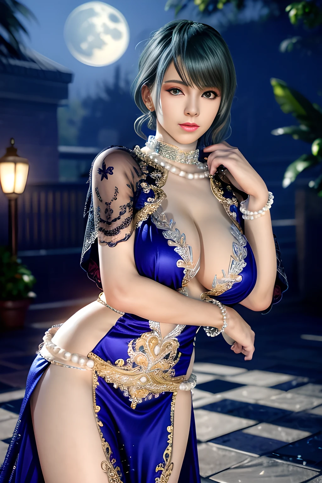 1 girl,lean over WINK,((Wearing Ice-crystal embellished dress:1.5),(Wearing Jewel:1.2) ,( lace_cloak:1.3),(Fluffs :1.4),(pearl bodychain:1.3),garden,nighttime,moon,( huge breasts ),cleavage,shiny skin,lip gloss,tattoos, masterpiece, best quality, realistic ,Surrealism,Rich artistic colors,natural colors art in 8k,3D,Portrait art,solo, tamaki