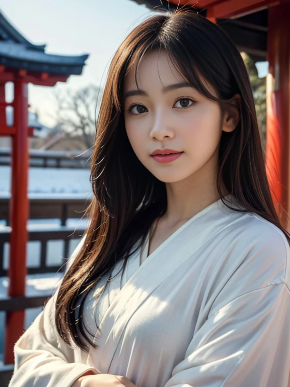 Close up portrait of one actress with long hair with bangs in beautiful glamorous kimono, going to worship at the shrine of Japan with a (shy smile) on her face, A shrine in Japan with a blue winter sky, Dark hair, (fullbody), BREAK, realism, natural lighting, soft light, cute, (small mouth), young, (), detailed eyes, facial lighting, young actress, beautiful actress, ((chiseled face)), moon face, smooth skin, black eyes, glowing eyes masterpiece, best quality, 8K, detailed, detailed face and skin, hi-res, perfect anatomy, physically-based rendering, photorealistic, symmetric clear eyes, well-groomed face