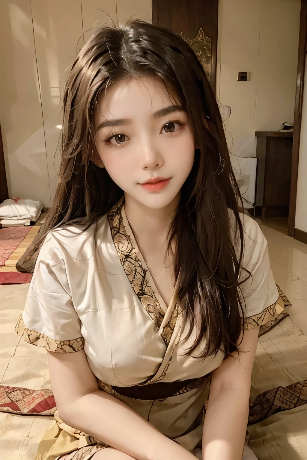 ((best quality)), ((masterpiece)), (detailed), perfect face,Girl lying down in Thai massage parlor, korean beauty, Cover your body with a large towel, (Overhead shot), thai massage,