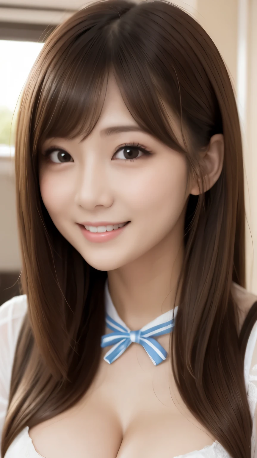 bright表情、Photorealistic:1.32、highest quality、超A high resolution、最も美しい日本のgirlの写真、Cute and beautiful face details、Small Face、(Purelos Face_V1:0.008)、美しいbangs、14 years old、Radiant, fair, glowing skin、Hair gets tangled in the face、(girl１people:1.3)、顔まで伸びるbangs、bangs、Hair between the eyes、Attractive brown silky hair、bright、Her clear eyes shine charmingly、Dynamic pose、highest quality、Disorganized、((The cutest girl in the world))、日本people、((Mini dress with ribbon:1.3))、Newest Brands、Korean Fashion、(Side Tail Hair:1.3)、(Tie with a thin ribbon)、Nice and cute、An innocent smile、nice smile、Cleavage、(Large Breasts:1.3)、(Posing cutely:1.3)、Brown Hair、Small waist、Detailed beautiful eyes、View your viewers、Upper Body、Close-up of face、Front view、