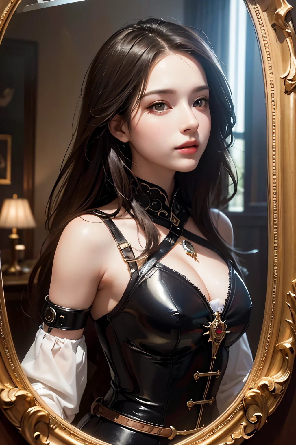 best quality, super fine, 16k, incredibly absurdres, extremely detailed, portrait, beautiful woman, prism effect, mirror effect, wind effect, light effect, picture frames and backgrounds that mix and match steampunk, dieselpunk, and clockpunk