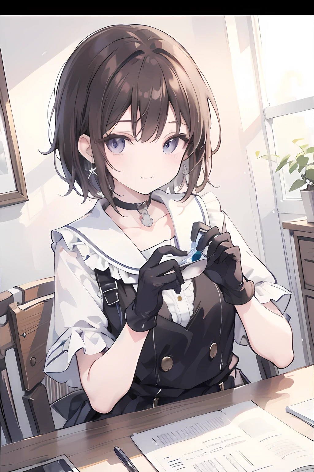 1girl, anime_coloring, black_eyes, black_gloves, brown_hair, choker, earrings, gloves, jewelry, letterboxed, parody, short_hair, smile, solo, style_parody,