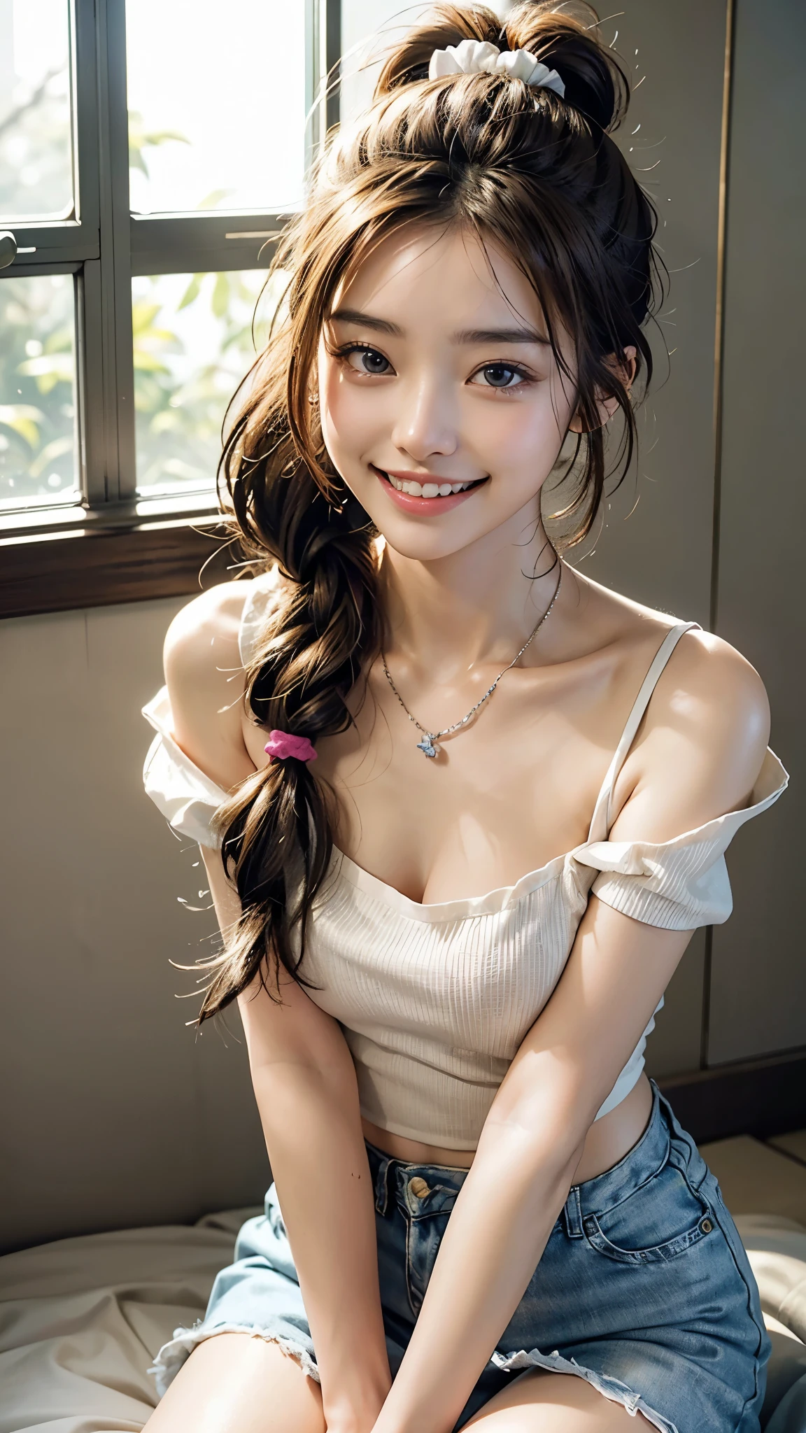 (highest quality、8k、32k、masterpiece、Hmph:1.2),Detailed face,Detailed eyes,Delicate and beautiful hair,(((Brown ponytail and scrunchie)))、((smile))、(((I'm showing my teeth and smiling,)))、Cute Japanese Women Photos、Soft looking breasts、No bra、Ample breasts、Face Focus、White T-shirt、necklace、One carnation、From above、Looking at the audience、Dynamic Shadows、blonde、Wet shiny hair、Shine, Watery eye、