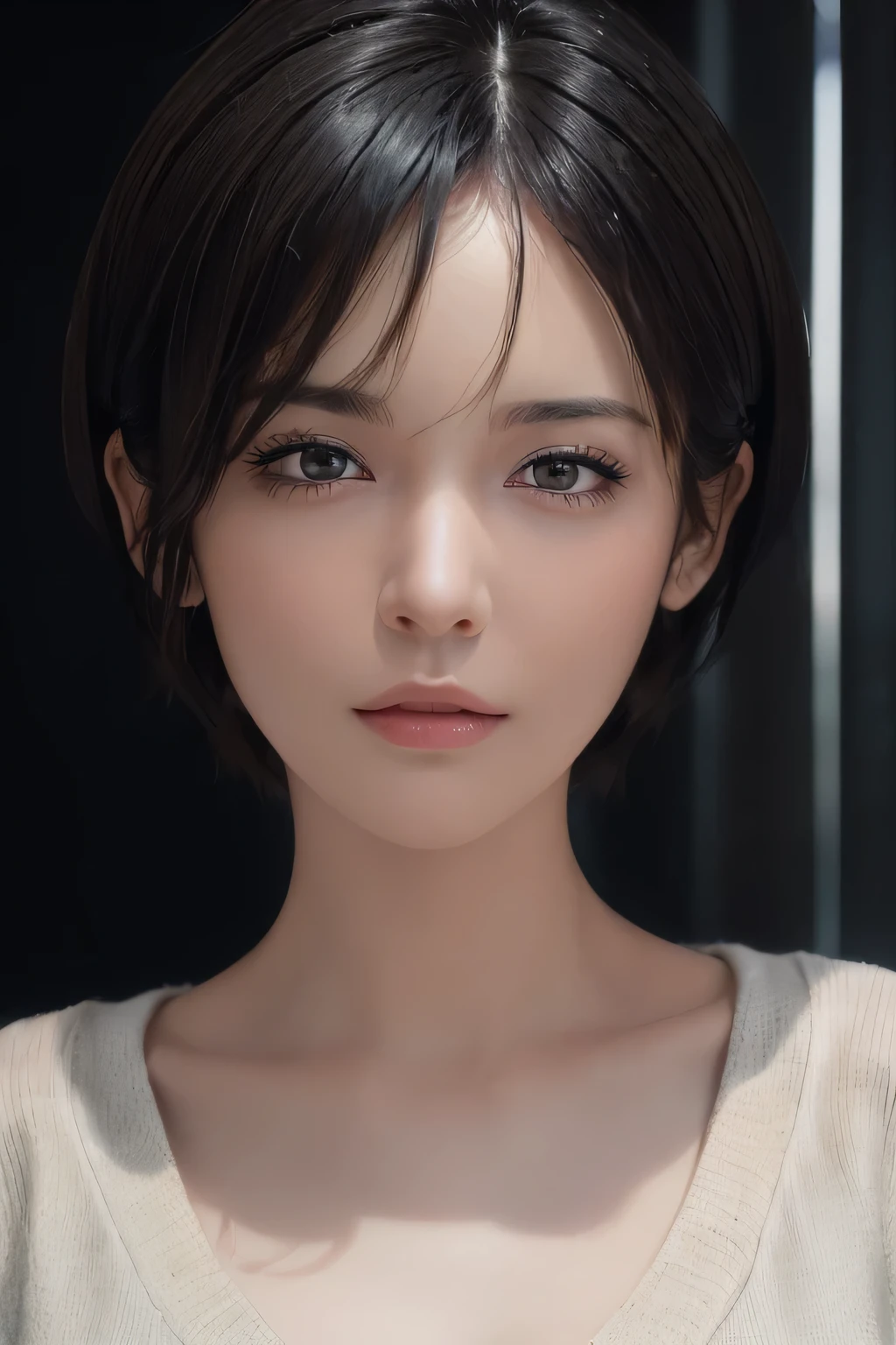(masterpiece:1.3), (8k, photorealistic, RAW photo, best quality: 1.4), (1girl), beautiful face, (realistic face), (black hair, short hair:1.3), beautiful hairstyle, realistic eyes, beautiful detailed eyes, (realistic skin), beautiful skin, (sweater), absurdres, attractive, ultra high res, ultra realistic, highly detailed, golden ratio