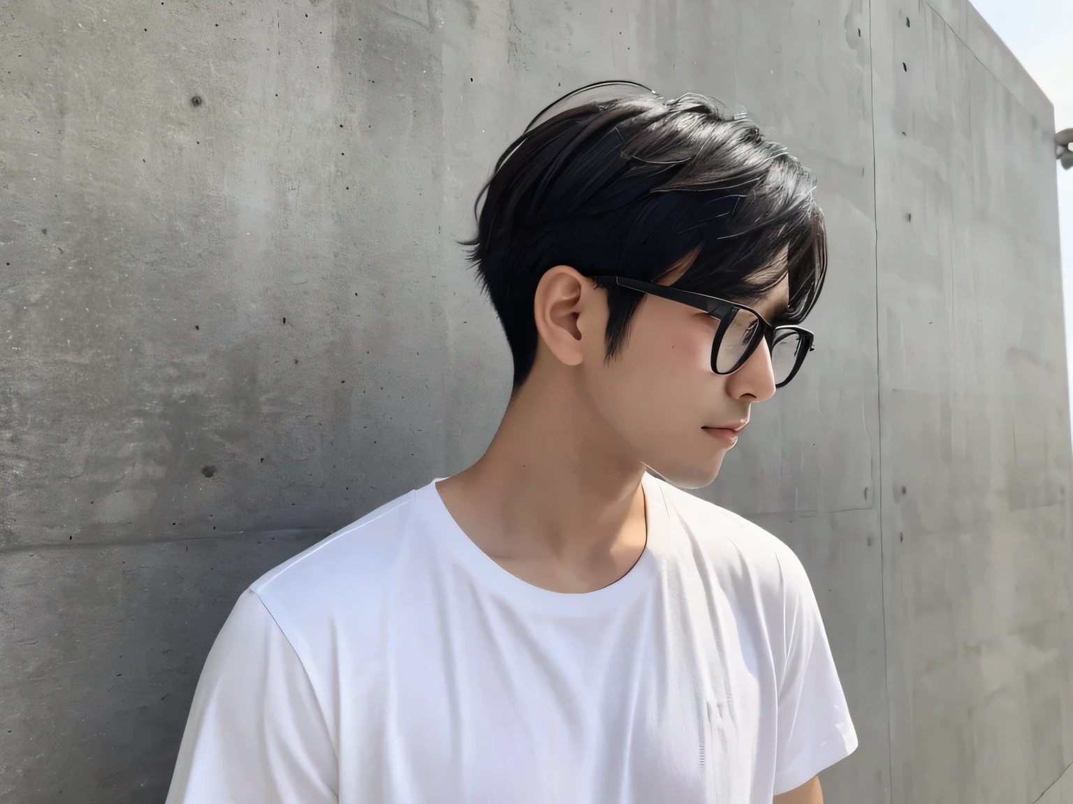 Seed value: 3500540136、Beautiful Skin、Image of a Japanese man in his 20s wearing a white T-shirt, ,boy's hair、Very Short Hair、Man without beard、profile、Concrete wall background、Japanese taste、Black thin-rimmed glasses、