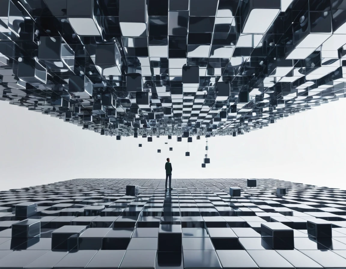 Some cubes are suspended in three-dimensional space, and a person standing with their back to the picture looks up. The whole body is like a 3D rendering, with 3D cartoon characters, central composition, blender, 4K, and a sense of technology