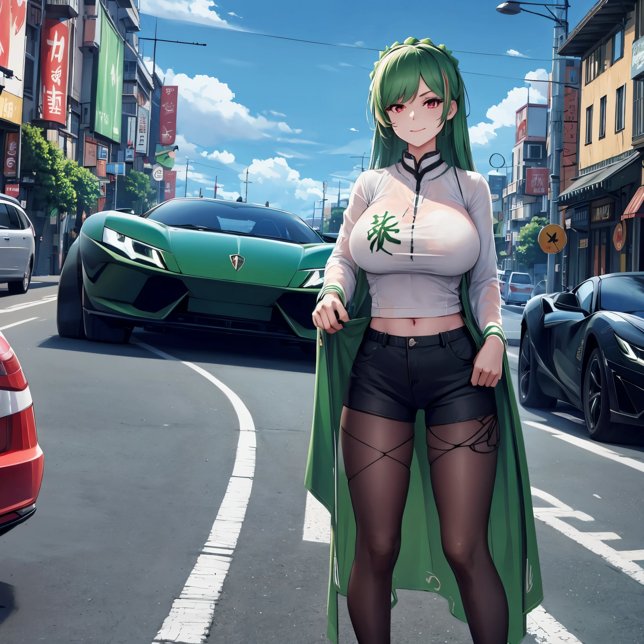 A woman wearing a green shirt with kanji written on the shirt, black denim shorts, black tights, long green hair, red eyes, standing next to a green Lamborghini (no stickers on the car), perfect car, no duplication of car, on an empty road, overlooking the blue sky with clouds, big breasts, surrealism, drop shadow, anaglyph, stereogram, tachi-e, pov, atmospheric perspective, surrealism, flower, 8k, super detail, accurate, best quality, UHD , anatomically correct, textured skin, high quality, high resolution, best quality (solo female)
