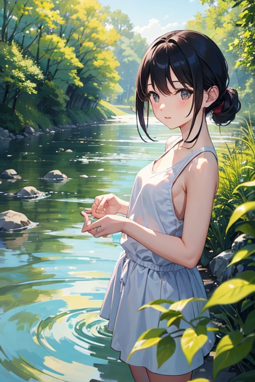 Riverside in the countryside、Beautiful girl playing in the river、13 years old、Lower body naked、Tank top