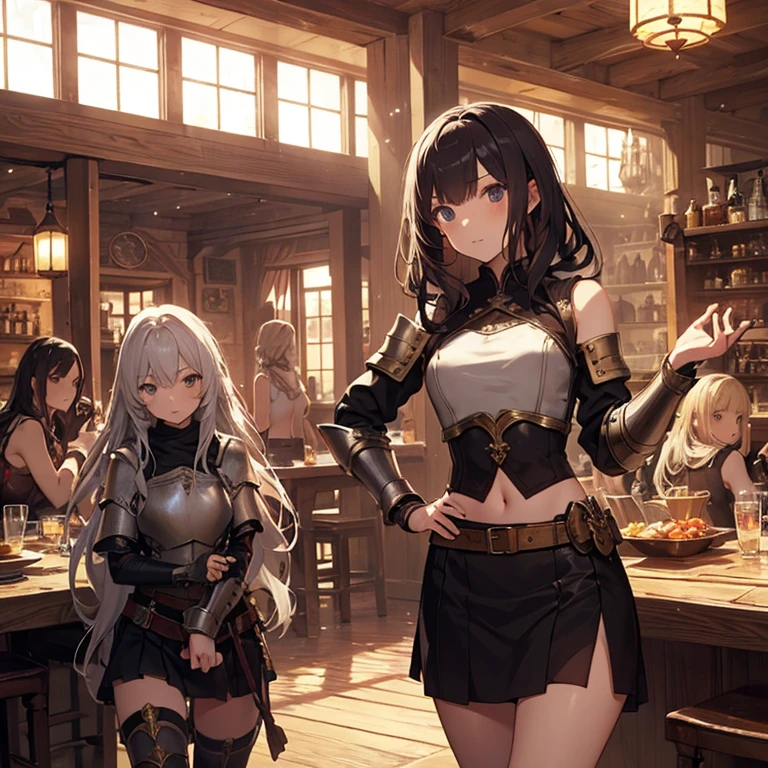 A group of female medieval fantasy adventurers, (in tavern), various hair styles, harem, night, details face, short skirt, seducing, sleeveless, armor, midriff