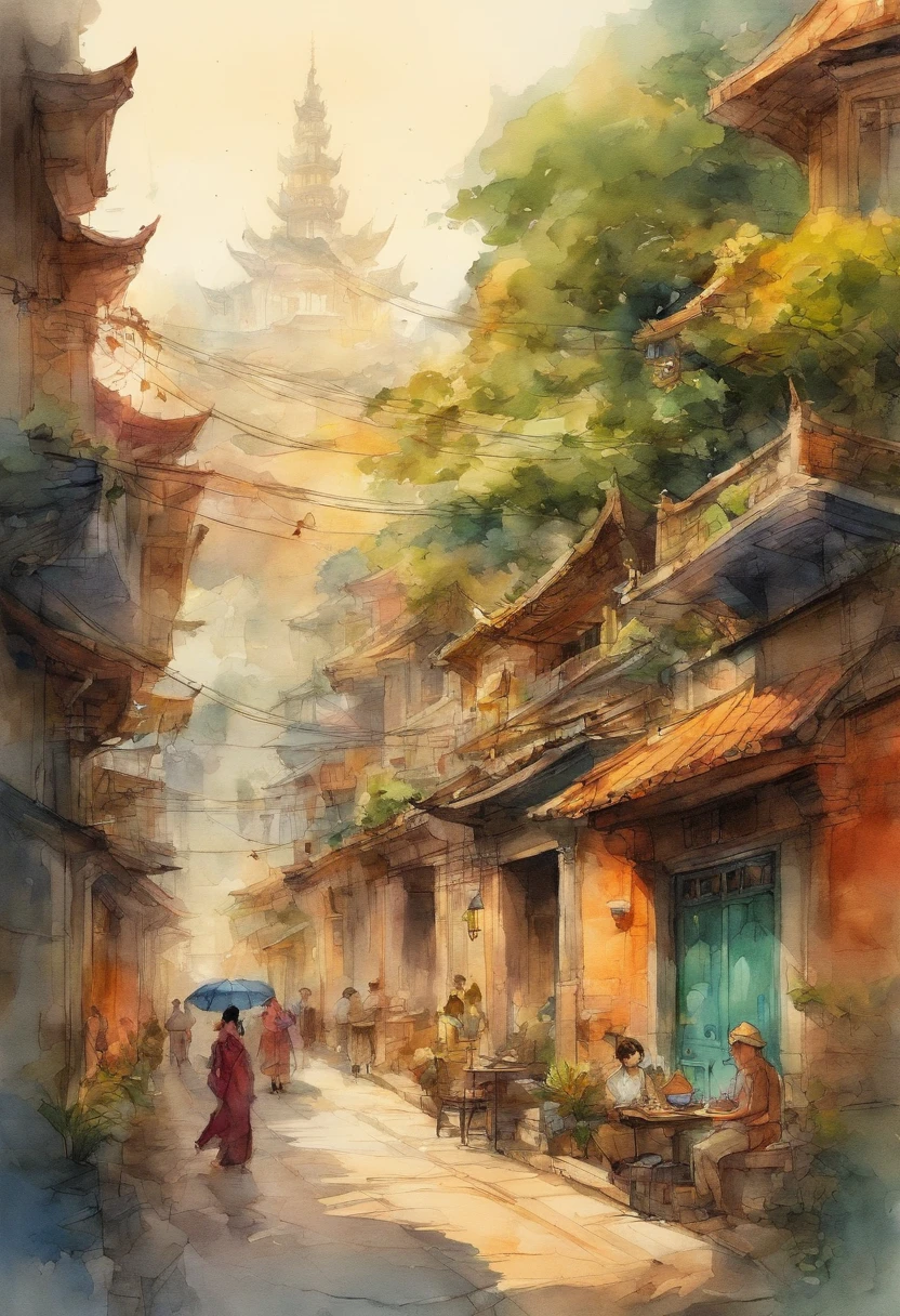 Watercolor and ink sketch of Urban life in Hanoi, Watercolor, trending on artstation, sharp focus, studio photo, intricate details, highly detailed, by greg rutkowski