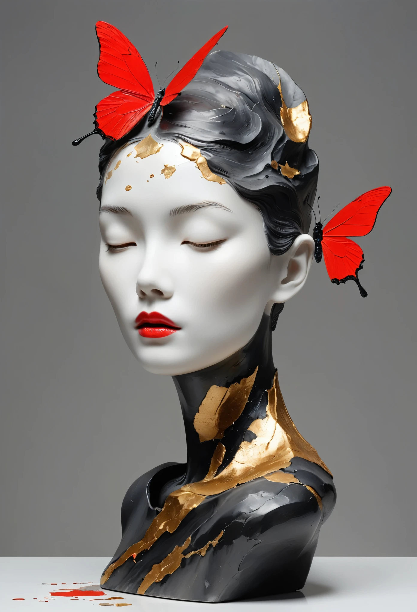 ((exhibit，Still Life Table，Artistic statues，3D Sculpture，ceramics，Surface cracks，Shattered Texture)), grace，Slender neck，Show the beauty of nature.Black and red theme，Kaneko，Golden powder， This artwork is presented on a grey background，Emphasize its artistic quality.Ray Tracing
