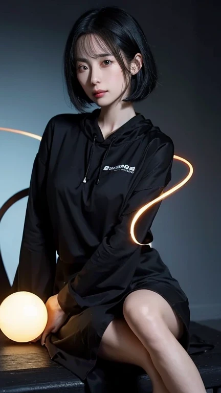 ((One girl)), anime, Short black hair,   Mouth closed and expressionless, Sitting, She holds a glowing sphere in her hand.、Two other glowing spheres orbit her..Facial details