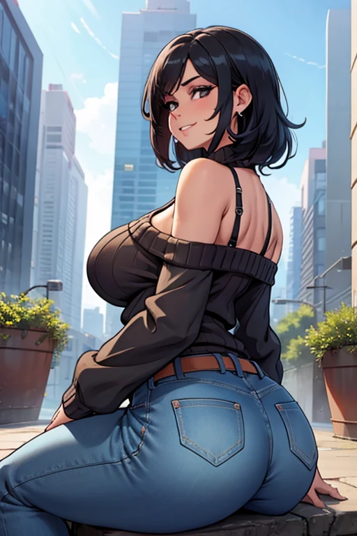 Sitting on building,GtsGiga,Large ass,giggling,building,bare shoulder,looking over shoulder,sweater,waist high blue mom jeans,huge breast milf