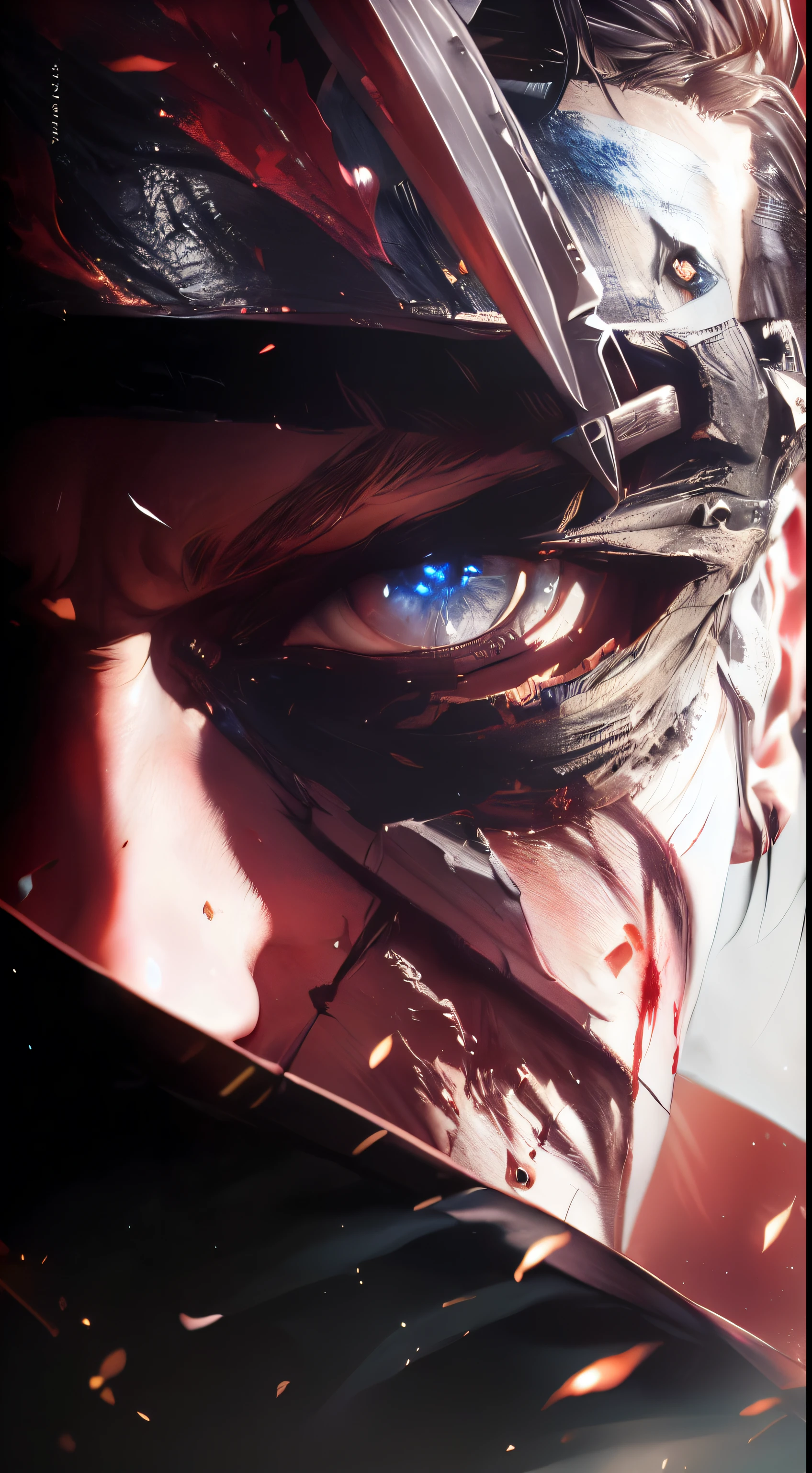 anime character with a knife in his hand and a bloody face, sekiro, 4k concept art and hyper realism, badass anime 8 k, shinobi, joker looks like naruto, snk, joker as naruto, ultra realistic concept art, akihiko yoshida. unreal engine, inspired by Kanō Hōgai, tekken 7, trending on artstationhq (BLUE EYES) 