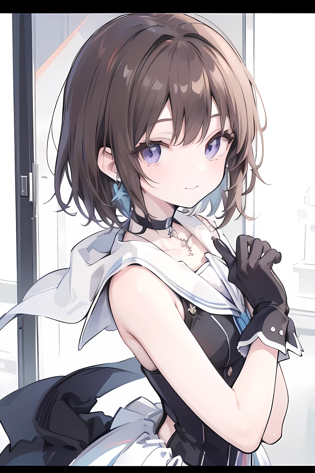 1girl, anime_coloring, black_eyes, black_gloves, brown_hair, choker, earrings, gloves, jewelry, letterboxed, parody, short_hair, smile, solo, style_parody,  