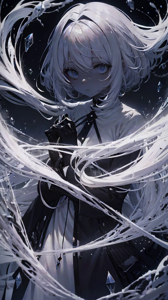 very long white hair、One eye is black、Expressionless、floating girl、Black gradient、Transparent feet、Black and white background、(masterpiece、highest quality)、Short nape hair、1 girl with very short white hair、Black cardigan、Grim expression、Grey Eyes、Warm lighting、 Blurred foreground、Deep in the night、High Contrast、night,snowing,Heavy snowfall,winter,Alone in the vast snowy field,whole body,curse,Facing forward,Huge construction,moon,blue sky