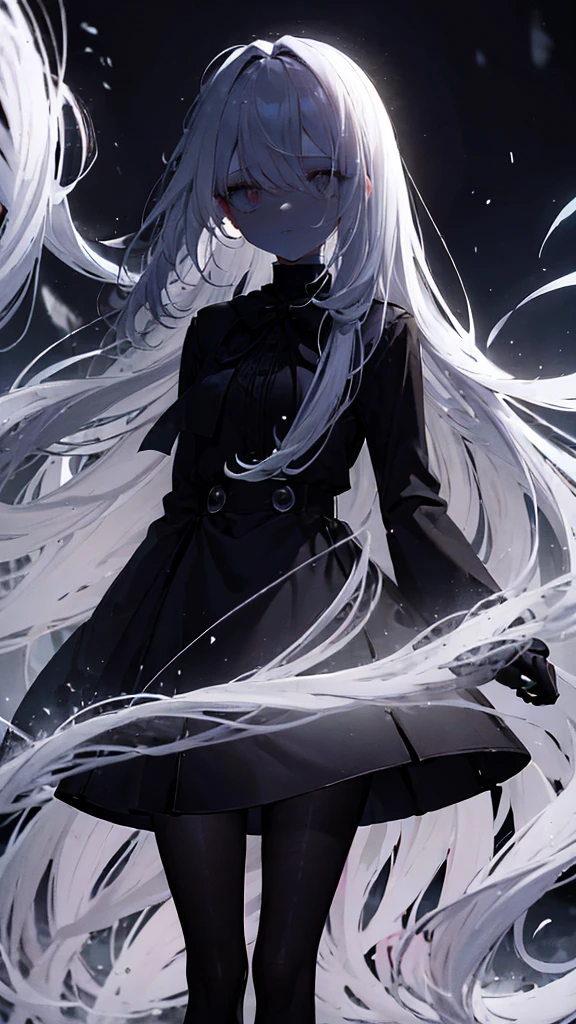very long white hair、One eye is black、Expressionless、floating girl、Black gradient、Transparent feet、Black and white background、(masterpiece、highest quality)、Short nape hair、1 girl with very short white hair、Black cardigan、Grim expression、Grey Eyes、Warm lighting、 Blurred foreground、Deep in the night、High Contrast、night,snowing,Heavy snowfall,winter,Alone in the vast snowy field,whole body,curse,Facing forward,Huge construction,moon,blue sky