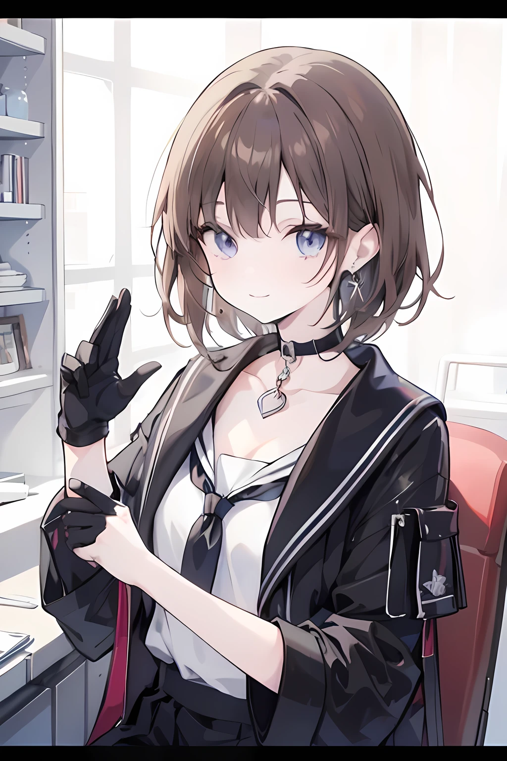 1girl, anime_coloring, black_eyes, black_gloves, brown_hair, choker, earrings, gloves, jewelry, letterboxed, parody, short_hair, smile, solo, style_parody,
