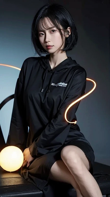((One girl)), anime, Short black hair, Mouth closed and expressionless, Sitting, She holds a glowing sphere in her hand.、Two other glowing spheres orbit her..Facial details