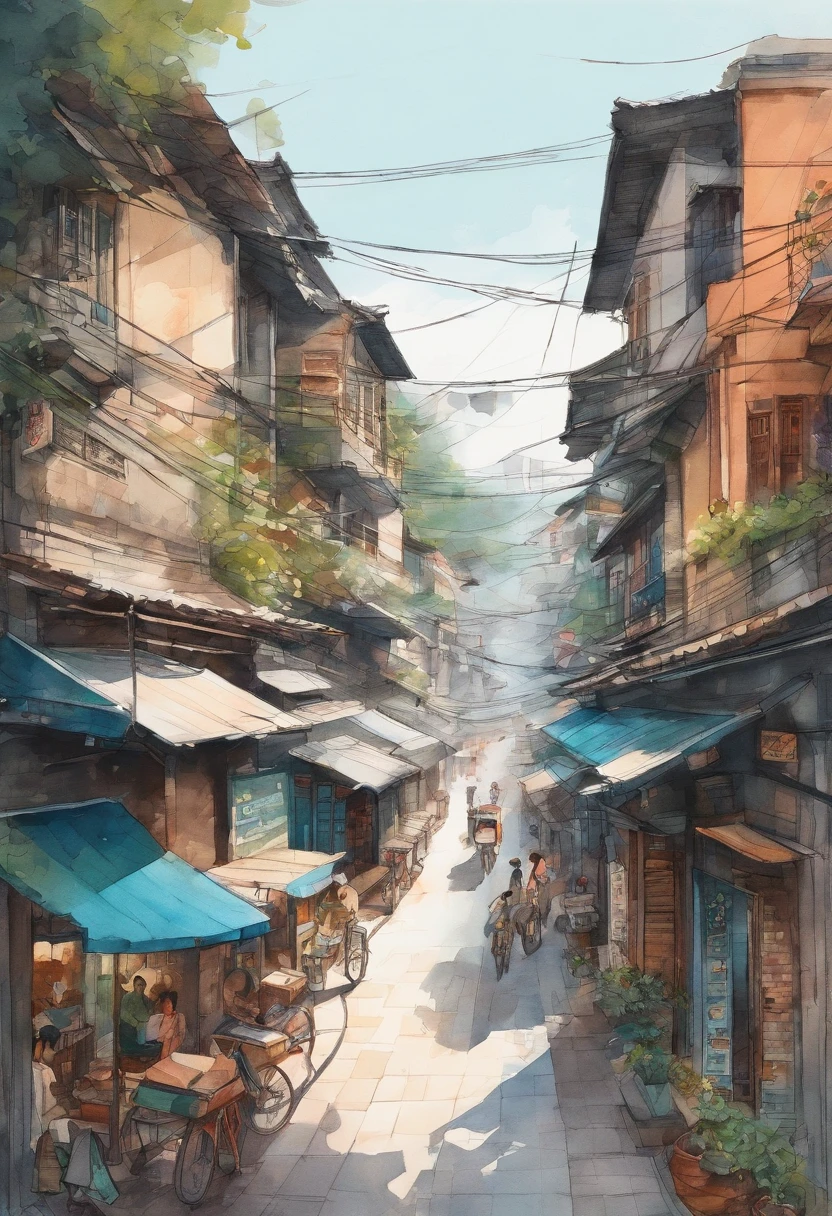 Watercolor and ink sketch of Urban life in Hanoi, Watercolor, trending on artstation, sharp focus, studio photo, intricate details, highly detailed, by greg rutkowski