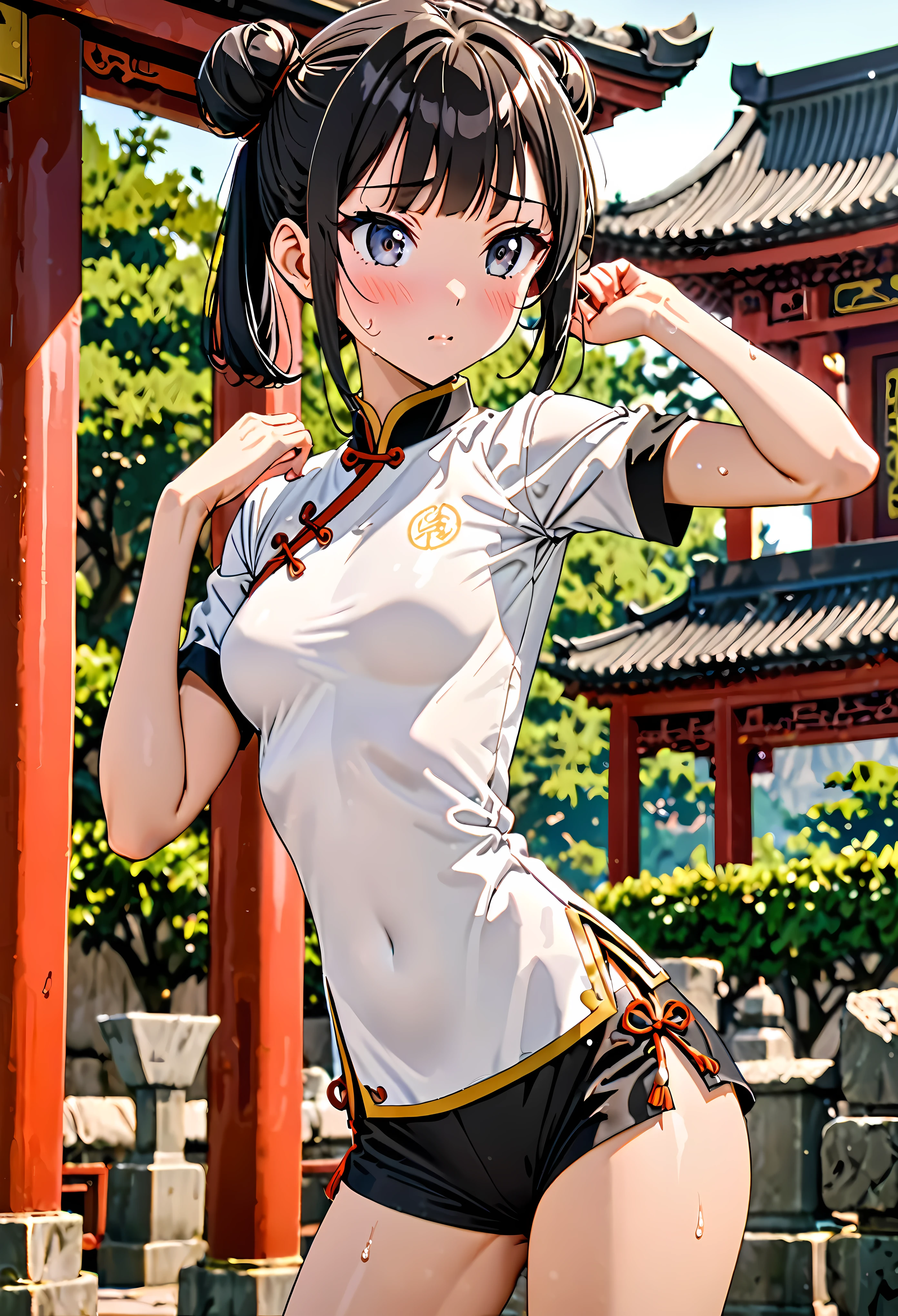 ((high quality anime, 8k,masterpiece,Perfect Anatomy)),cowboy shot,1 female,(beautiful detailed face and eyes,gorgeous eye:1.3,black eyes),master of success,The perfect 20 years old,small head:1.5,Black Hair、Straight hair,blunt bangs,twin bun,up hair,hair flaps,shy,blush,small breasts,slender body,skinny,sweat,White Kung Fu uniform,Short sleeve、Micro Mini Shorts、Kung Fu Training、Shaolin Temple、Outdoor、