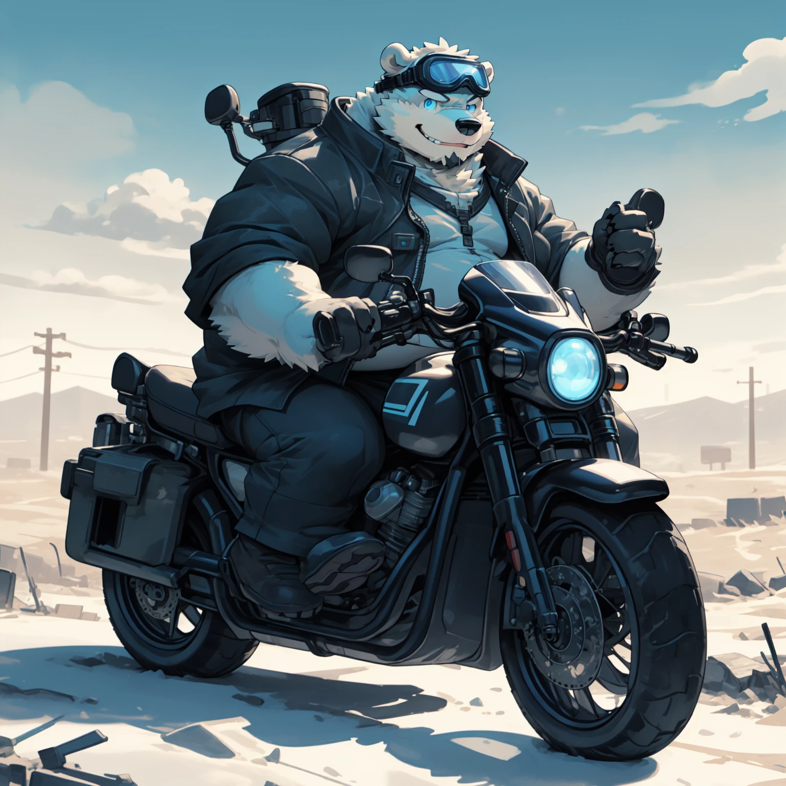 New Jersey 5 Furry,polar bear,Exquisite, Chubby,Fat,Thick arms,Rugged muscles,White plush fur,Chubby脸,Black eyebrows,Sky blue eyes,Beard,Wasteland,Riding a motorcycle alone,Goggles are worn on the forehead,Black trench coat,Pants,dynamic,Smile